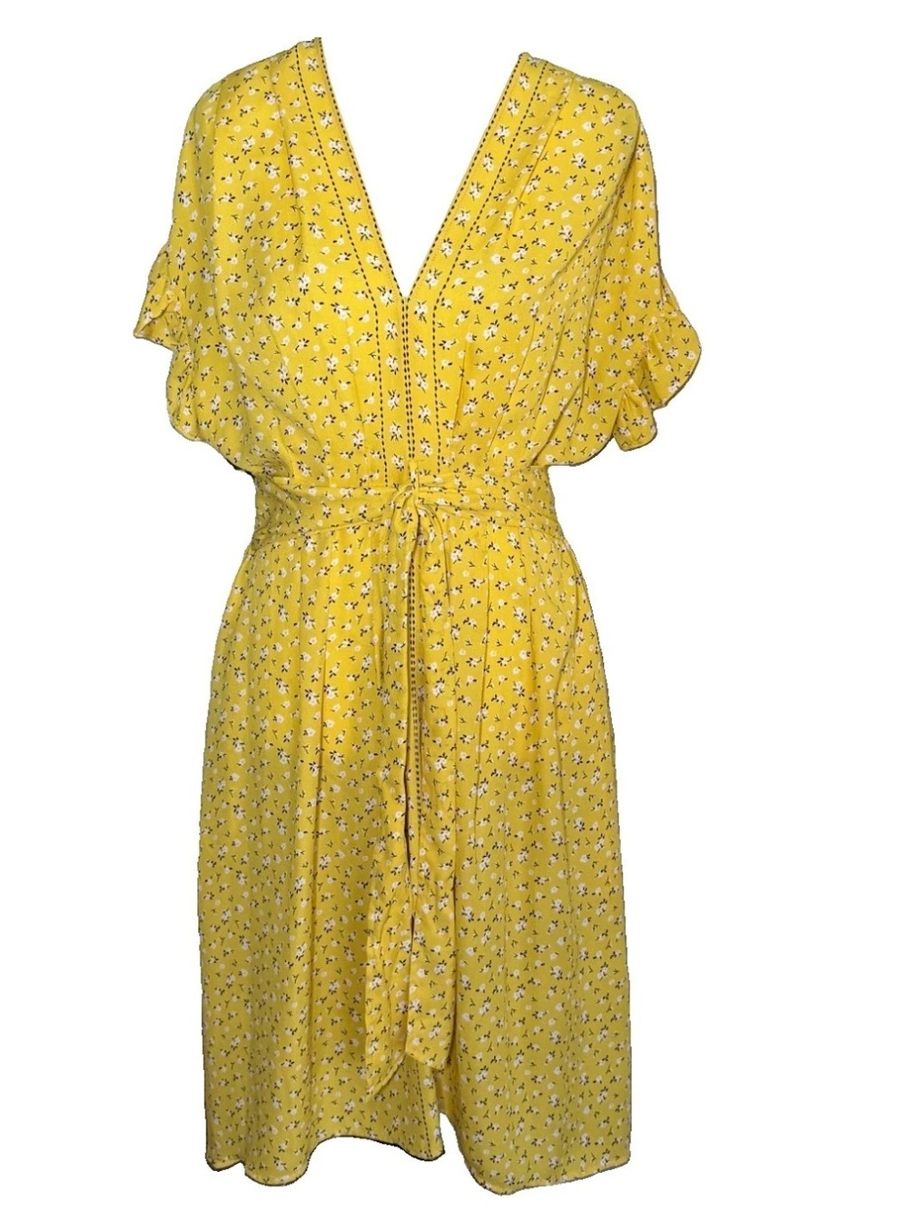Atelier Max Montana Yellow Floral Midi Dress Small Smocked Waist V-Neck Ruffle